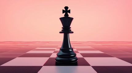 Black Chess King:  A single black chess king piece stands tall on a checkered board, radiating power and strategy against a minimalist pink backdrop.