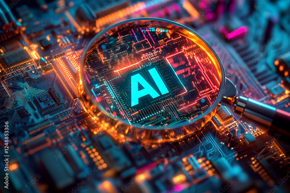 Poster close-up of a magnifying glass focusing on the letters 'ai' on a futuristic motherboard, symbolizing