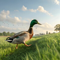Obraz premium beautiful shot of a cute mallard walking on a grass