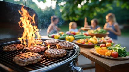 Summer Barbecue Backyard BBQ and Grilling, Outdoor barbecue with sizzling burgers and flames, surrounded by vibrant salads and cheerful people enjoying a summer gathering.