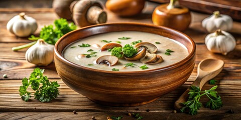 Savory mushroom soup, creamy perfection, rustic bowl photography.