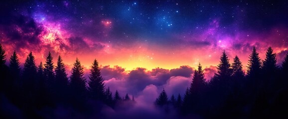 Naklejka premium Colorful Starry Sunset Over Misty Mountain Forest