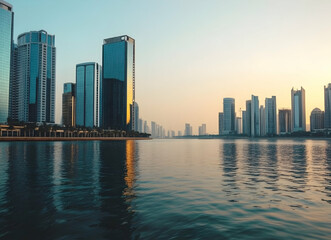 Naklejka premium Urban Reflections, A modern cityscape mirrors on calm waters, with an ethereal sunrise casting a golden glow over the architectural marvels