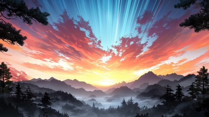 Obraz premium Abstract Sunset Over Misty Evergreen Valley with Merging Colors and Dramatic Sky