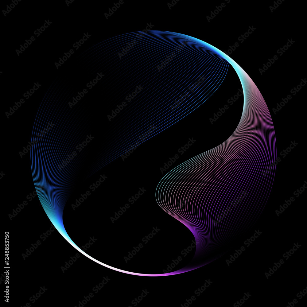 Poster Abstract vector round shape of wavy lines flowing smooth curve colorful spectrum light on black background in concept of technology, science, music, modern.