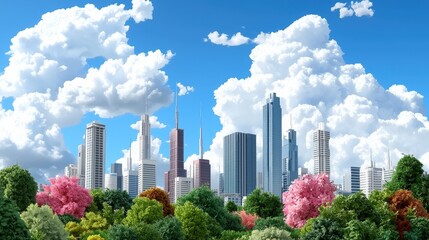 Stylized Skyline Merging Architectural Elements with Vibrant Nature and Cloudy Blue Sky in a Cityscape Illustration