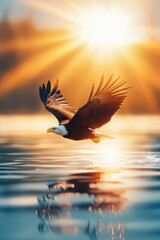 Obraz premium Bald eagle carrying a glowing olive branch in a symbol of peace