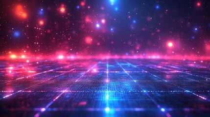 Abstract digital grid with glowing particles and pink background