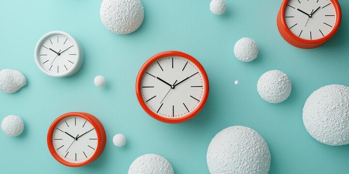 Time Flies: A vibrant flat lay showcasing a playful arrangement of clocks and abstract spheres against a teal background.  The image evokes a sense of time management, deadlines.