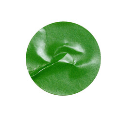 Blank green round crumpled paper promotion sticker label cutout isolated on a transparent background