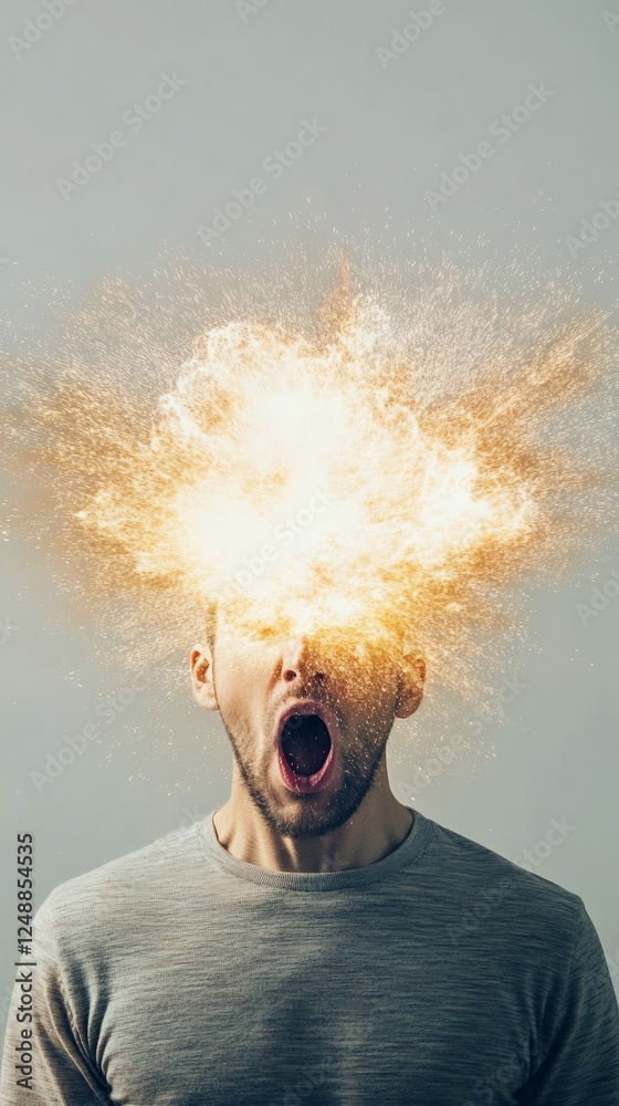 Poster Man with exploding head effect, shouting with mouth wide open and bright orange glitter and particles exploding from his head, representing stress, burnout, and information overload