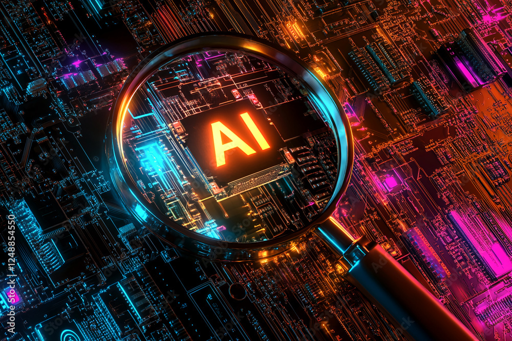 Poster close-up of a magnifying glass focusing on the 'ai' text on a digital circuit board, representing th