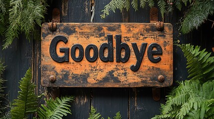 A rustic wooden sign hangs amidst lush greenery, featuring the word 'Goodbye' prominently. This image evokes feelings of farewell and transition in a serene natural setting.