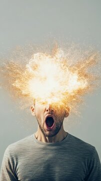 Man with exploding head effect, shouting with mouth wide open and bright orange glitter and particles exploding from his head, representing stress, burnout, and information overload
