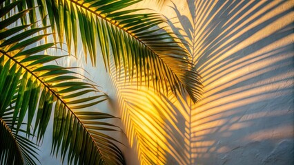 Fototapeta premium Soft sunlight silhouettes palm leaves against a white wall, creating a dramatic tropical night scene.