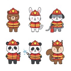 Obraz premium Cute Cartoon Animal Firefighter Illustration Set with Bear, Rabbit, Dog, Panda, and Squirrel Characters in Firefighter Uniforms