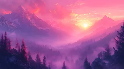 Gardinen Vector-illustrated landscape in soft pastel tones featuring a serene mountain scene with a pink sky at sunset calming view © Nick