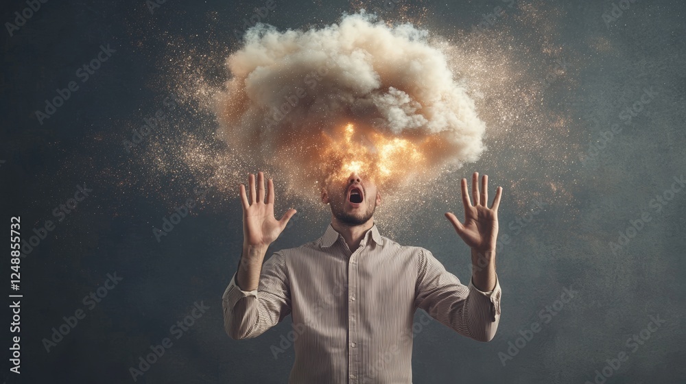 Poster Office worker experiencing burnout with exploding mind from information overload, stress and migraine, raising hands in shock and surprise with dust cloud