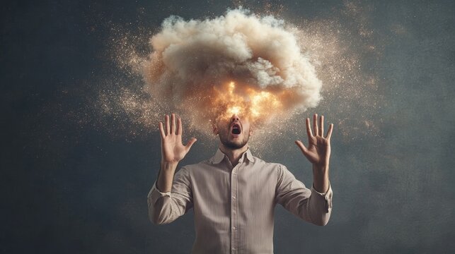 Office worker experiencing burnout with exploding mind from information overload, stress and migraine, raising hands in shock and surprise with dust cloud