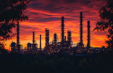 Fototapeta premium Oil Refinery Plant Silhouette with Fiery Sunset Sky Creates an Industrial Scene