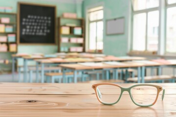 Children's eyeglasses on a wooden desk in a bright and colorful classroom.
