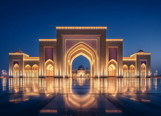 Obraz premium Majestic illuminated architecture with intricate archways, reflective plaza, and serene twilight ambiance create an ethereal visual experience