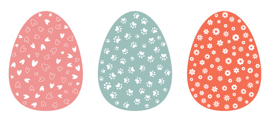 Set of decorative Easter Eggs with patterns. Collection of cute spring designs with Hearts, Paw Prints, and Flowers in pastel colors for festive decor, greeting cards, and prints