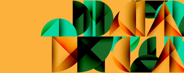 Obraz premium Abstract geometric pattern with intersecting circles and triangles in gradients. The high-contrast composition creates depth and a dynamic, modern aesthetic