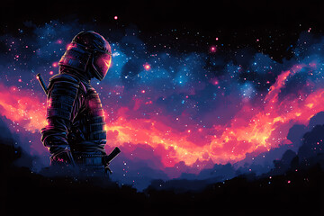 An exclusive fusion design blending traditional Japanese samurai aesthetics with futuristic, cosmic elements