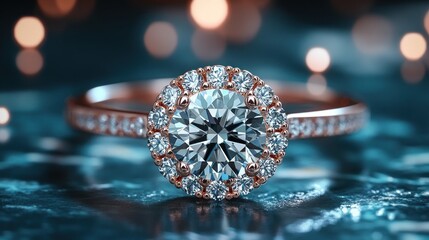 Fototapeta premium Rose gold diamond halo engagement ring.