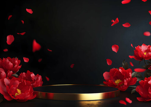 Elegant presentation podium with luxurious gold accent, adorned with exquisite red peonies and floating petals against a black background