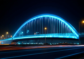 Obraz premium A futuristic aqueduct bridge glows vibrantly against the backdrop of a bustling metropolis at night, with streaming car light trails