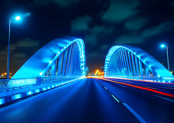 Obraz premium Illuminated Gateway, A modern bridge at night, adorned with vibrant blue lights, framed by a dark sky and streaks of automobile motion