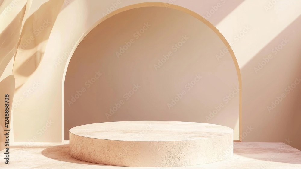 Aufkleber stylish display setting featuring a smooth, round platform nestled in a soft beige studio. ideal for