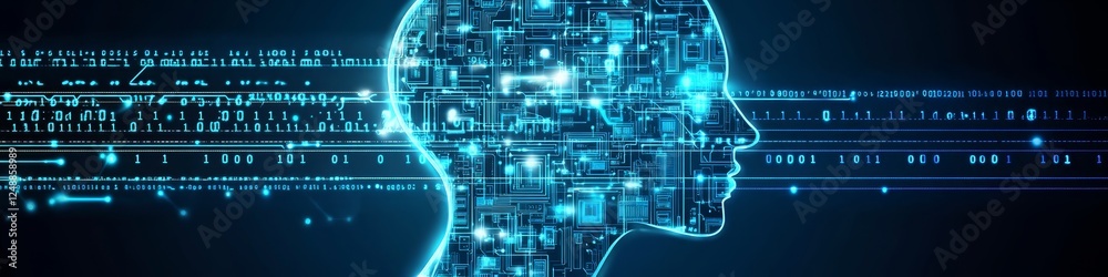 Poster ai mind human head profile formed with circuit board pattern and binary code on blue background