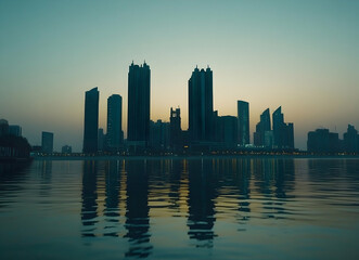 Fototapeta premium Tranquil cityscape at twilight, Silhouettes of towering skyscrapers mirrored in calm waters capture urban serenity at dusk under a muted sky
