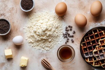 Waffle ingredients: flour, eggs, butter, chocolate chips, and syrup. Ready to bake!