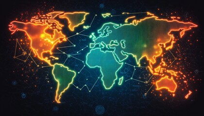 Global Economic Trends Neon World Map with Interconnected Data Points and Glowing Lines