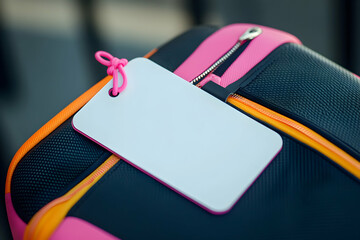 Close-up of colorful luggage with blank tag for personalization, ideal for travel, tourism, or baggage identification concepts