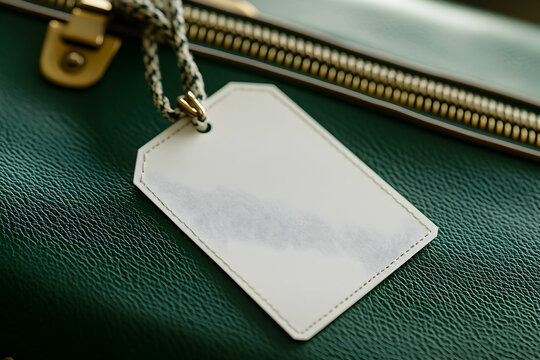 Elegant green leather suitcase with a blank label, vintage travel concept offering space for custom text, ready for vacation or business trip