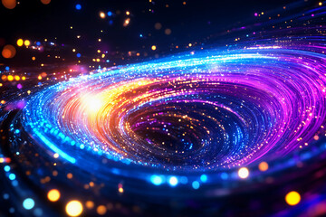 Obraz premium High-definition image of fiber optic strands arranged in a spiral, creating a mesmerizing colorful reflection pattern with light reflections on the surface