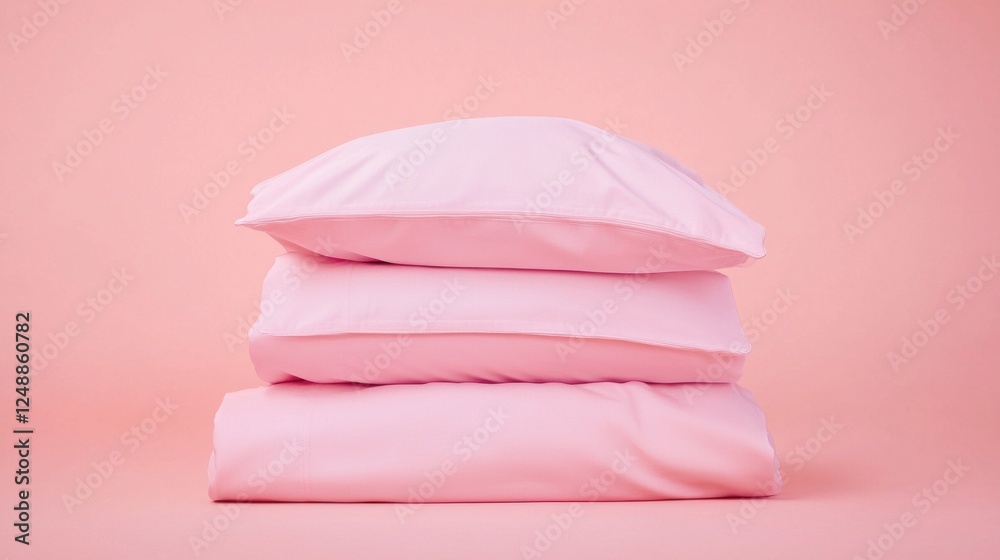 Poster three matching pieces of light pink duvet cover and pillows stacked neatly against a soft background