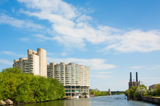 Exterior view of riverside apartment buildings in Chicago, Illinois