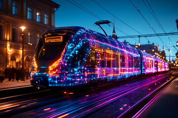 Fototapeta premium High-speed train powered by fiber optic technology, illustrating the potential of fiber optics in transportation and infrastructure with pulsing light effects