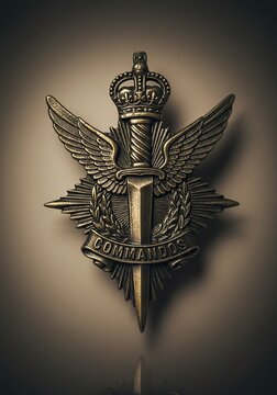 Military Badge Close-up of Commando Insignia, Dagger, Wings, and Crown Symbol, Metal with Golden Finish, Honor and Service, Formal and Official, Neutral Background.