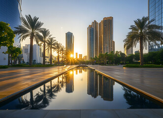 Obraz premium Urban sunrise reflected in tranquil water feature amidst modern architecture and swaying palms, creating a serene oasis in the city center