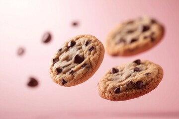 Delicious chocolate chip cookies are gracefully suspended in the air, captivating attention with their golden-brown edges and gooey chocolate pieces, set against a soft pink background