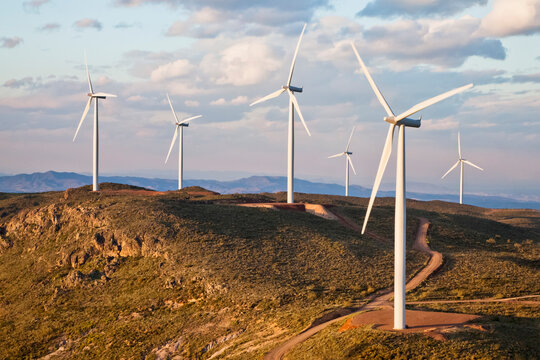 Wind turbine power generators above the town of Turrillas in Almeria province