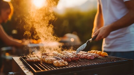 Man grilling sausages, chicken, and vegetables on a barbecue during sunset with friends.
