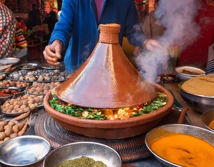 Street vendor preparing traditional moroccan tagine in a souk